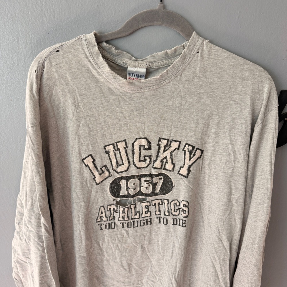 90s Lucky Brand Mens M Gray Long sleeve Tee 1957 Athletics USA Made Distressed